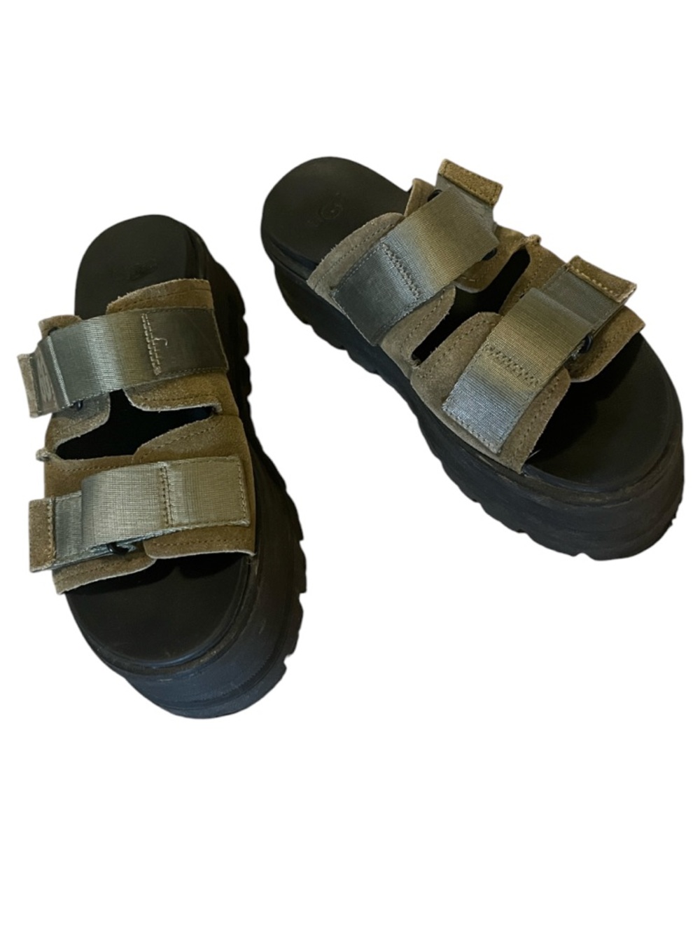 UGG Women’s Clem Suede Leather Burnt Olive Green Platform Slide Chunky Sandals 7